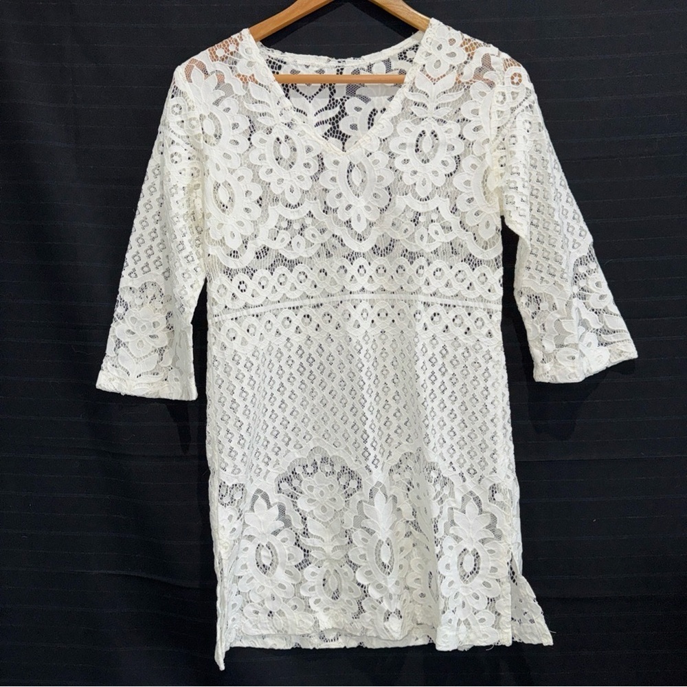 Open Crochet Lace Ivory Dress Beach Coverup V Neck Boho Hippie Festival